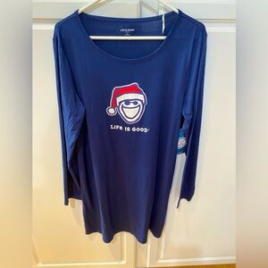 Blue long sleeved, below knee nightshirt with Santa on front.